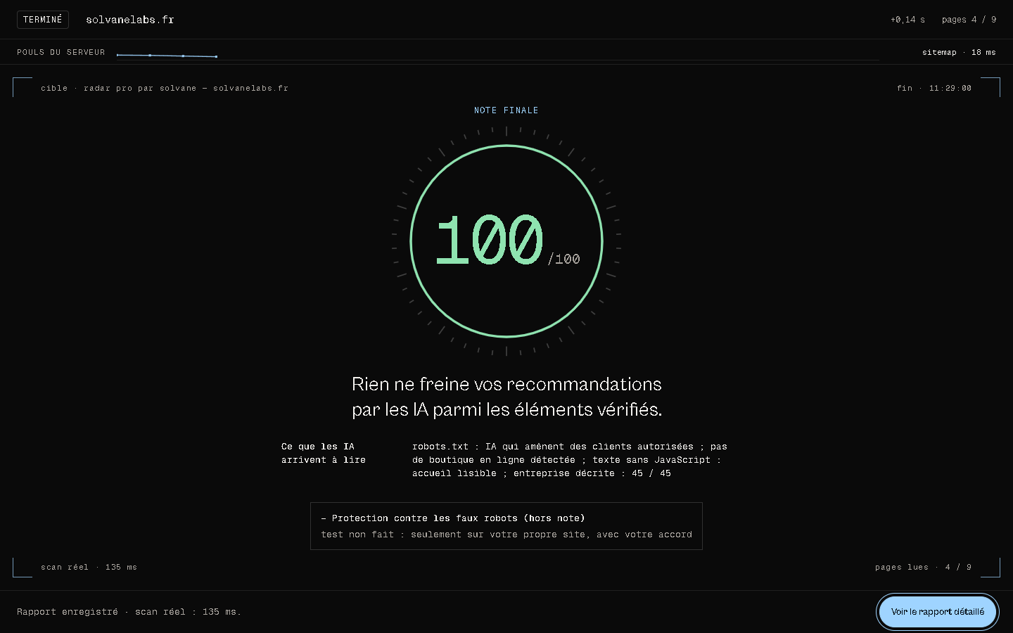 Scan de solvanelabs.fr du 3 octobre 2026 : note 100 sur 100, « entreprise décrite », 45 sur 45.