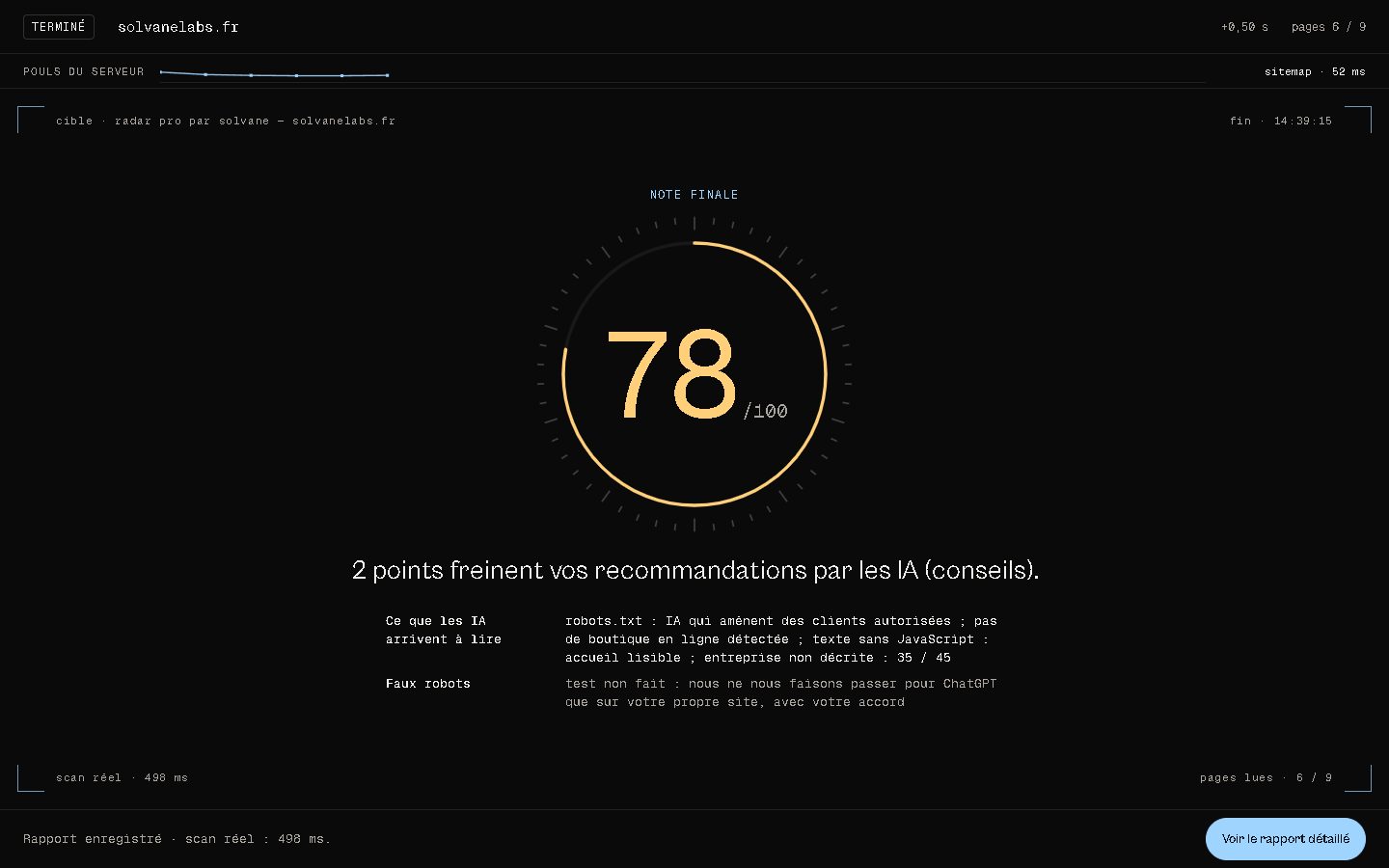 Écran final d'un scan : la note sur 100 dans un anneau gradué, la phrase de résumé et la liste de ce qui a été vérifié.